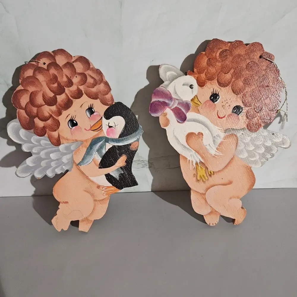 2 Baby Wooden Angels Christmas Ornaments